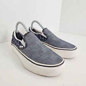 Vans Platform Slip-On Blue Grey Plaid Checkerboard Sneakers Womens 8.5 Mens 7.0